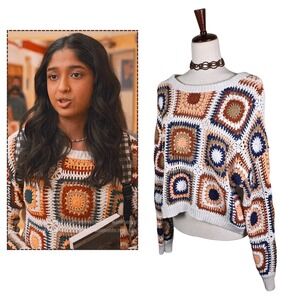 American Eagle Granny Square Sweater Patchwork Size LG Boho Crochet Colorful